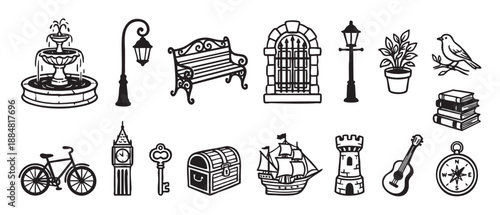 Diverse collection of black graphic icons representing travel, history, and urban life, including a ship, fountain, bench, key, and tower in a clean illustrative style