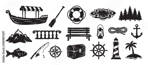 Collection of black nautical and adventure icons including a boat, lighthouse, anchor, and treasure chest in a graphic silhouette style for travel and marine themes