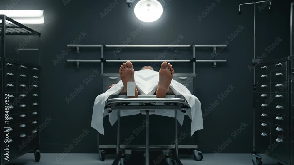 custom made wallpaper toronto digitalCamera zooming out from a dead body covered with a white sheet and a blank identification tag on the toe, lying on a metal gurney inside a cold, dark morgue with storage compartments