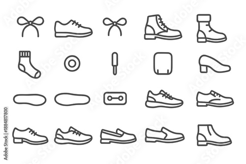 Shoe Line Icons. Line style icons of casual shoes: Lace, Shoe, Tie, Sneaker, Boot, Sock, Eyelet, Aglet, Tongue, Heel, Sole, Insole