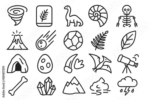Natural History Icons. Line style icons of natural history: Cyclone, Tablet, Dinosaur, Fossil, Skeleton, Volcano, Meteor, Rock,