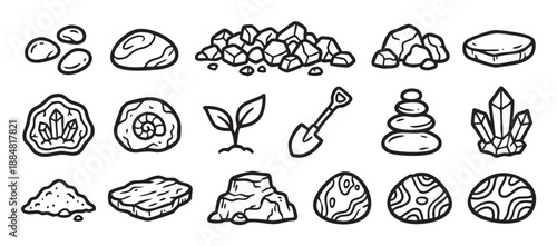 Set of hand-drawn geology icons featuring various stones, rocks, crystals, a fossil, a geode, a shovel, and a plant sprout in a simple black and white doodle style