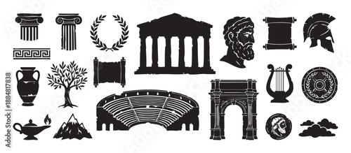 Ancient Greek and Roman historical icon set with black grunge silhouettes of a temple, arch, column, vase, lyre, wreath, and helmet from classical antiquity
