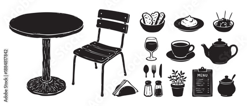 Charming collection of hand-drawn cafe elements in a black ink woodcut style, featuring a table, chair, coffee, wine, food, menu, and other restaurant essentials