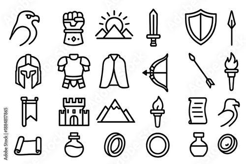 Heroic Fantasy Icons. Line style icons of heroic fantasy items: Falcon, Gauntlet, Sunrise, Sword, Shield, Helmet, Armor, Cloak,