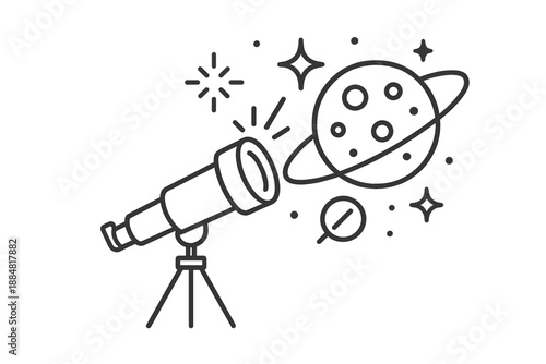 Exoplanet Discovery Icons. Line vector icons of a telescope discovering a new exoplanet: space telescope, distant planet, orbital