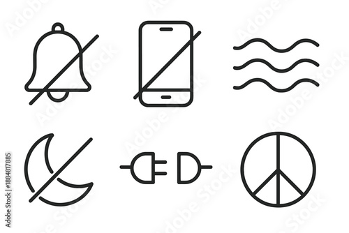 Digital Detox Icons. Line vector icons of digital detox and notification shutdown: muted bell, phone off, calm wave, quiet mode