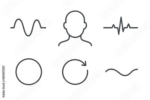 Anti-Anxiety Breathing Icons. Line vector icons of anti-anxiety breathing: paced breathing curve, centered head, rhythm strip,