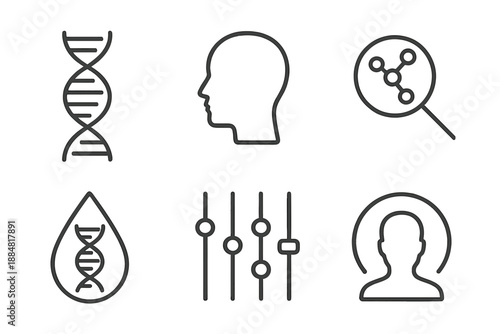 Molecular Identity Icons. Line vector icons of molecular identity check: gene spiral, head contour, biomarker line, sample drop,