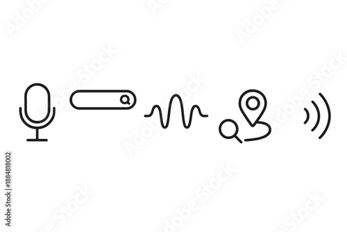 Voice Search Icons. Line vector icons of voice-activated lookup: mic silhouette, search bar hint, wave arc, info ring, query path,