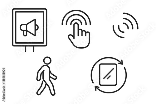 Smart City Interaction. Line vector icons of smart city ad interaction: urban screen frame, touch arc, sensor waves, passerby