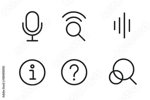 Voice Search Icons. Line vector icons of smart voice lookup: mic silhouette, search-band arc, sound-wave crest, info symbol, query