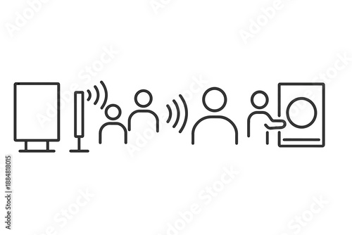 Smart Ad Display Icons. Line vector icons of smart public ad display: digital sign frame, motion-trigger arc, engagement wave,