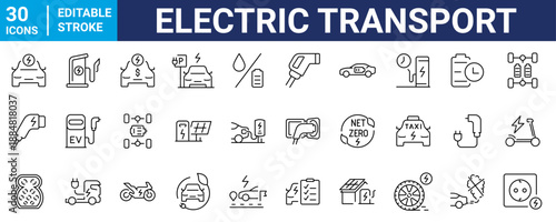 Electric vehicle or transport web icons in line style editable stroke. Electric car, battery, charging station, solar panel, range, plug, collection. Editable stroke. Vector illustration.