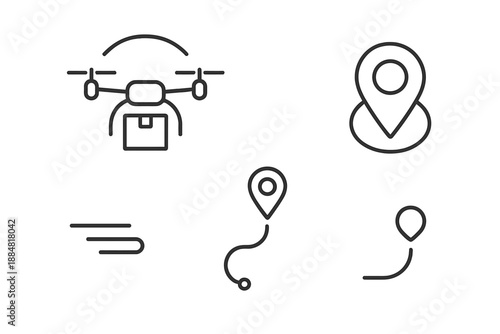 Drone Delivery Icons. Line vector icons of airborne courier drone: quadcopter shape, small box outline, navigation arc, tracking