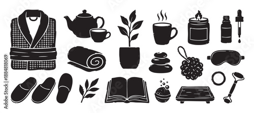 Collection of black spa and self-care icons including a bathrobe, tea, towel, and face roller in a rustic, hand-drawn linocut illustration style for wellness and relaxation concepts
