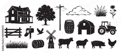 Large collection of black farm life icons and rural elements featuring a farmhouse, barn, tractor, windmill, and animals in a rustic hand-drawn woodcut stamp style