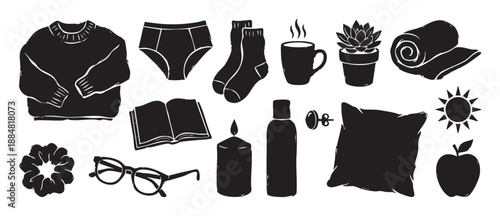 Collection of hand-drawn black silhouette icons representing cozy home comfort and self-care essentials like a sweater, book, candle, and mug in a minimalist graphic style
