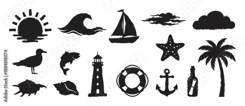 Collection of black grunge style summer vacation icons with nautical symbols like a sailboat, lighthouse, anchor, palm tree, wave, and starfish in a distressed stamp effect
