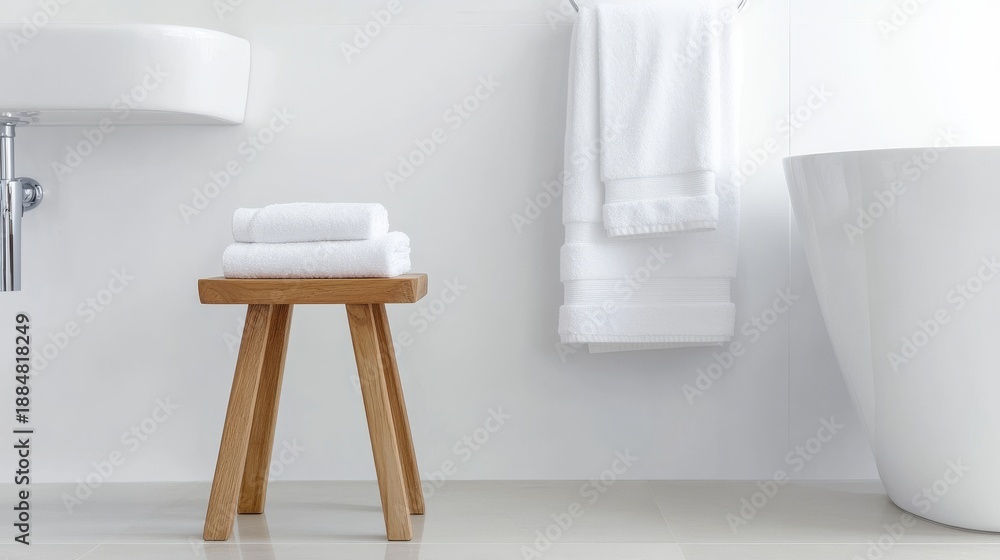 Fototapeta premium Clean White Bathroom Stacked fluffy towels on a wooden stool, opposite a modern tub and sink, evoking spa-like tranquility. Minimalist, serene, luxury, spa, bathroom