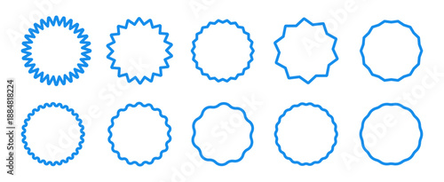 Set of blue curve edge frames. Wavy blue circles. Circle lined borders. Simple round frames. Graphic illustration. Design of blue geometric line. Editable stroke.