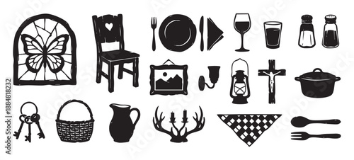 Set of black ink stamp style icons featuring rustic home decor, furniture, kitchenware, and religious symbols with a hand-drawn, vintage aesthetic