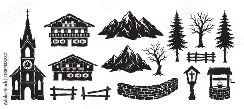 Collection of black alpine village illustrations with a church, chalets, mountains, trees, and a well, rendered in a rustic, hand-drawn woodcut stamp style for design