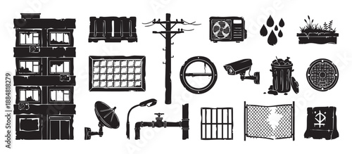 Collection of black grunge city elements including a tenement building, broken fence, manhole cover, and CCTV camera, illustrated in a gritty, high-contrast linocut vector style