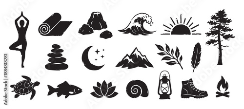 Collection of black grunge style icons representing nature, yoga, and outdoor adventure, including a mountain, wave, tree, campfire, wellness symbols, and travel elements