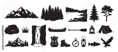 Set of black camping and hiking silhouettes with various outdoor icons like a mountain, forest, tent, canoe, backpack, and compass for adventure and travel themes