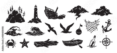 Collection of black nautical themed icons featuring a lighthouse, shipwreck, anchor, compass, and marine animals in a vintage woodcut style illustration set for design elements