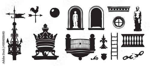 Collection of black vintage architectural icons featuring a crown, statue, balcony, weather vane, and fleur-de-lis in a distressed, hand-drawn graphic illustration style