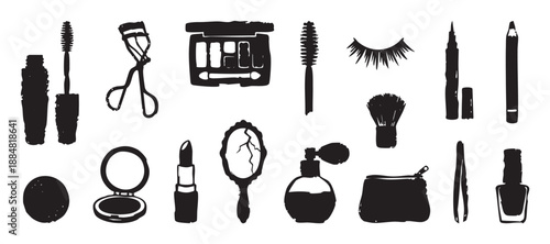 Hand-drawn black ink cosmetic and makeup icons featuring mascara, lipstick, eyeshadow, perfume, and brushes in a rough, sketchy, grunge stamp style illustration set