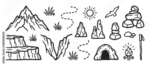Set of hand-drawn hiking and nature icons in a simple black and white doodle style, featuring a mountain, cave, campfire, rock cairn, sun, and other outdoor adventure elements