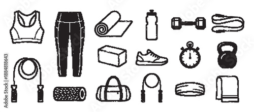 Collection of black pixelated gym equipment icons including a dumbbell, kettlebell, yoga mat, and sportswear, all rendered in a distressed, grunge stamp style for athletic concepts