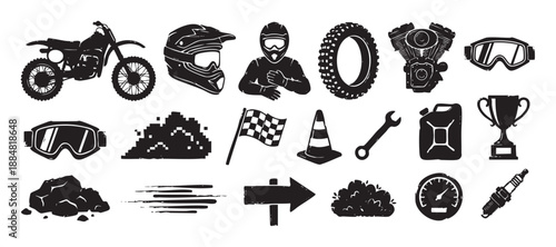 Collection of black motocross racing icons featuring a dirt bike, helmet, rider, tire, engine, and trophy in a grunge stamp style illustration set for extreme sports design