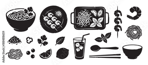 Collection of black Asian food icons in a distressed block print style, featuring a noodle bowl, shrimp skewers, fresh herbs, lime, chopsticks, and a refreshing iced drink