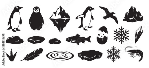 Black vector icon set of polar wildlife and nature elements like penguins, icebergs, snowflakes, and fish, rendered in a bold, minimalist linocut illustration style