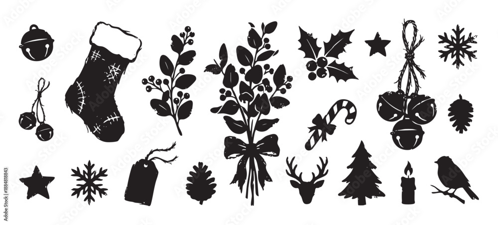 Fototapeta premium Collection of black Christmas holiday icons with a distressed, grunge texture, including a stocking, jingle bells, reindeer, snowflake, and tree for festive winter designs
