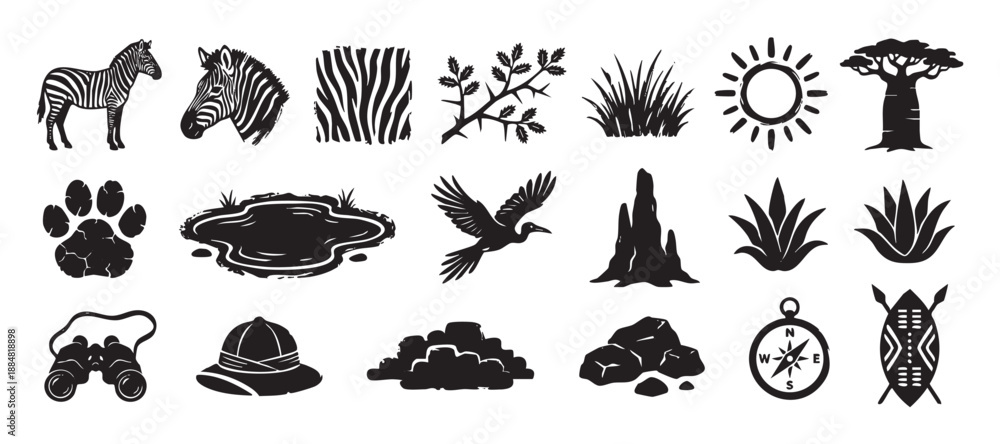 Fototapeta premium Collection of black safari and wildlife icons featuring a zebra, baobab tree, paw print, compass, and pith helmet in a bold, graphic silhouette vector illustration style