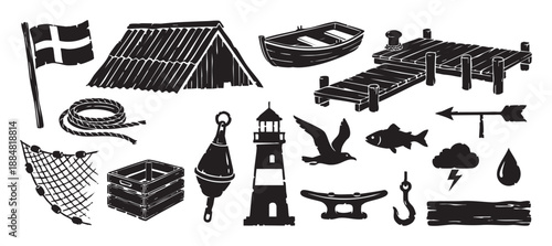 Collection of vintage maritime woodcut symbols including a lighthouse, fishing boat, wooden dock, seagull, and rope in a monochrome stamp print illustration