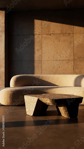 Modern Minimalist Living Room Interior With Sunlight And Shadows