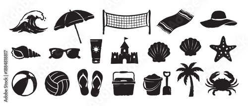Collection of black beach vacation icons in a hand-drawn stamp style, featuring a wave, sandcastle, crab, palm tree, and other summer holiday elements