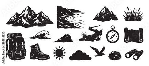 Collection of black hand-drawn adventure icons including mountains, a backpack, compass, and hiking boot in a rustic linocut style for outdoor travel and exploration themes