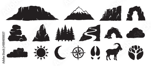 Collection of black outdoor adventure icons featuring mountains, pine trees, a river, compass, sun, moon, and goat in a rough, hand-drawn graphic illustration style