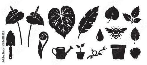 Collection of black gardening silhouette icons including flowers, leaves, a bee, and tools like a trowel and watering can, presented in a rustic, hand-stamped graphic style