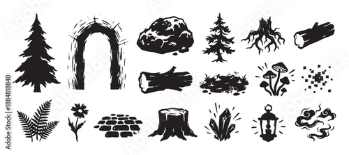 Hand-drawn set of black fantasy icons in a woodcut style, featuring forest elements like a tree, arch, mushrooms, crystals, lantern, and other nature assets for gaming
