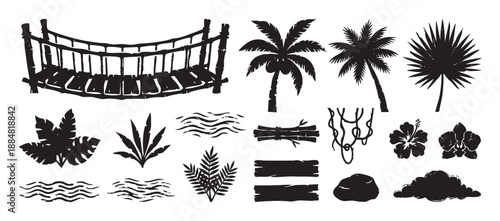 Collection of black tropical jungle elements featuring a rope bridge, palm trees, exotic leaves, and flowers in a rustic, hand-drawn stamp style for creative design