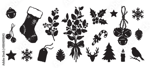 Collection of black Christmas holiday icons with a distressed, grunge texture, including a stocking, jingle bells, reindeer, snowflake, and tree for festive winter designs