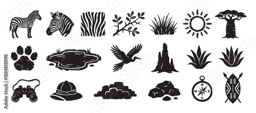 Collection of black safari and wildlife icons featuring a zebra, baobab tree, paw print, compass, and pith helmet in a bold, graphic silhouette vector illustration style